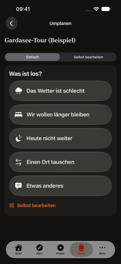Was ist los? Große Knöpfe: Wetter schlecht, länger bleiben, heute nicht weiter
