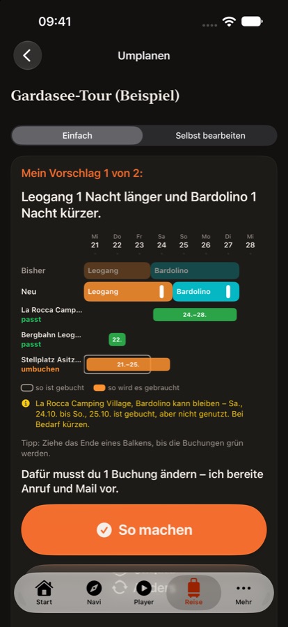 Ein Vorschlag in einem Satz mit Zeitleiste der Buchungen