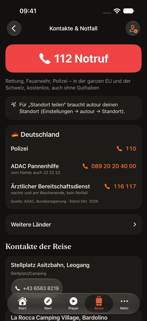 Kontakte der Reise mit Telefonnummern und Notruf